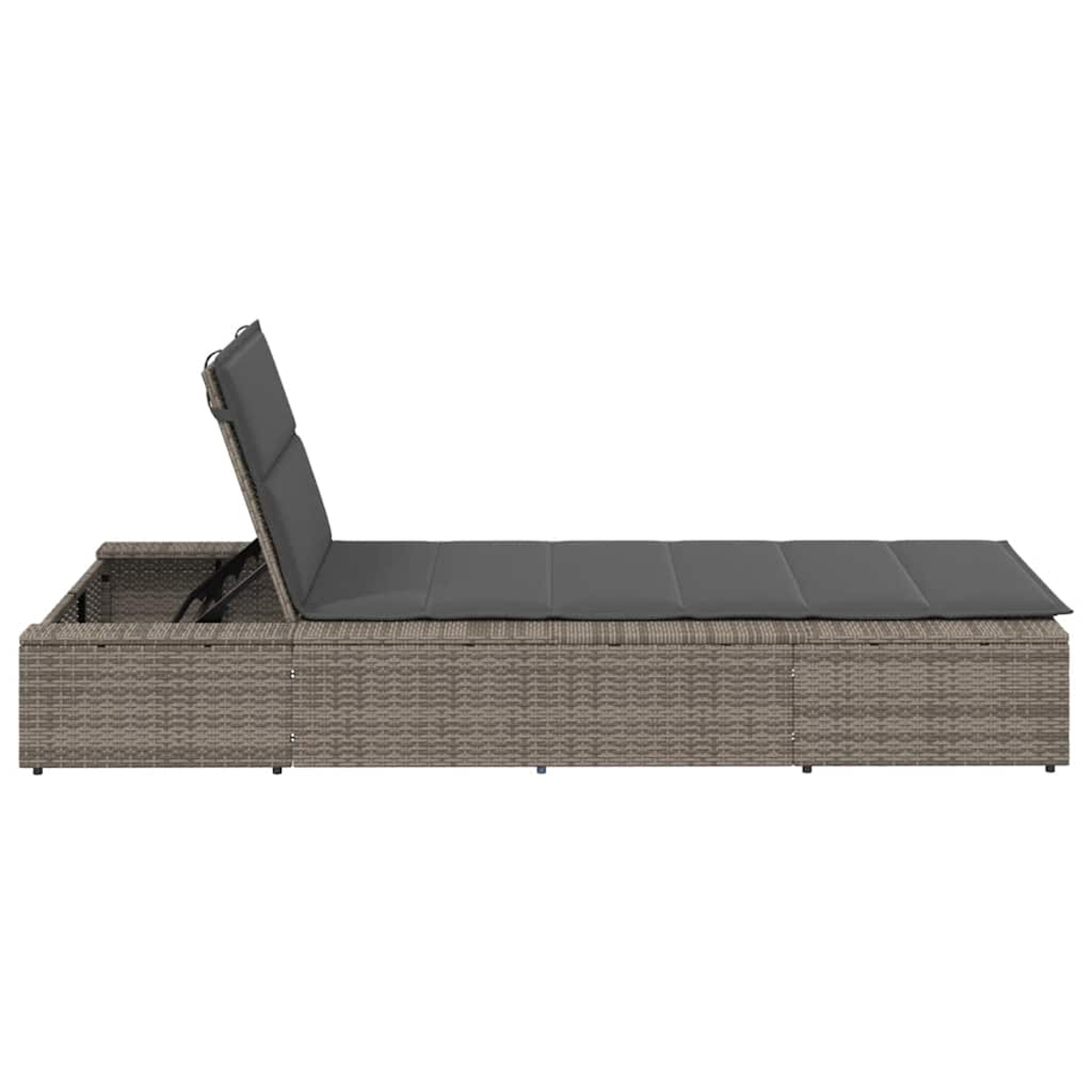 Grauer Rattansofa mit verstellbarer Rückenlehne und Stauraum.