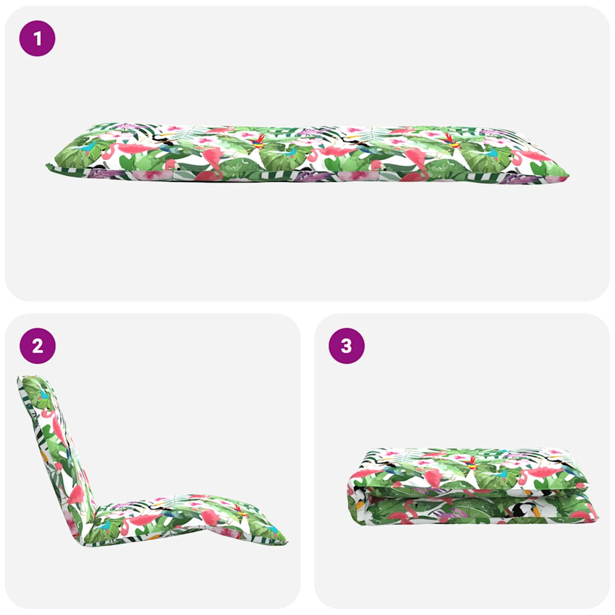Biancheria da letto con motivo tropicale e fenicotteri, piatta, come cuscino e piegata.