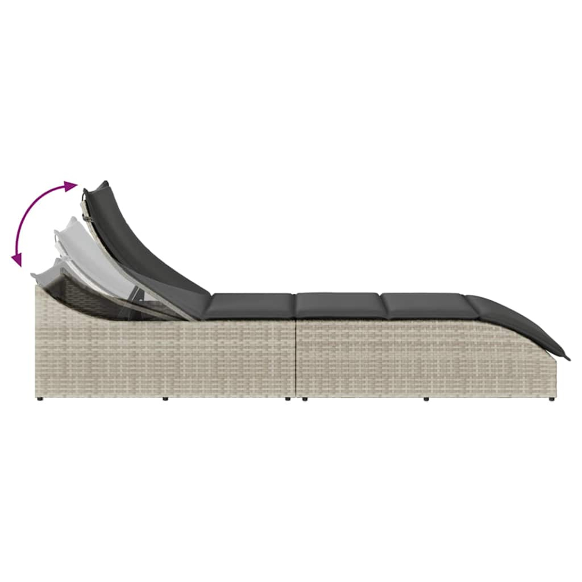 Lettino prendisole regolabile in rattan grigio con cuscino scuro.