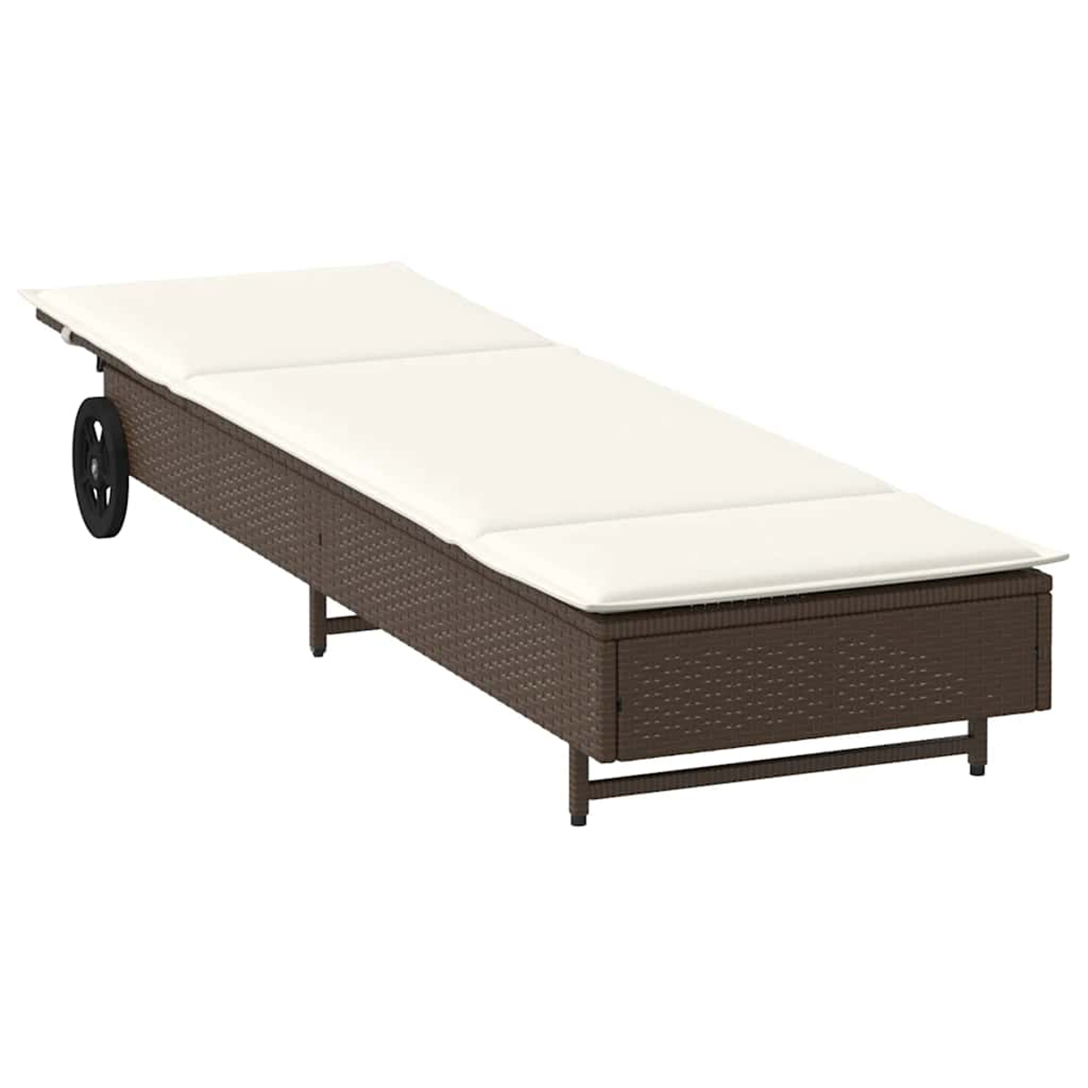 Lettino prendisole in rattan marrone con cuscino bianco e una ruota.