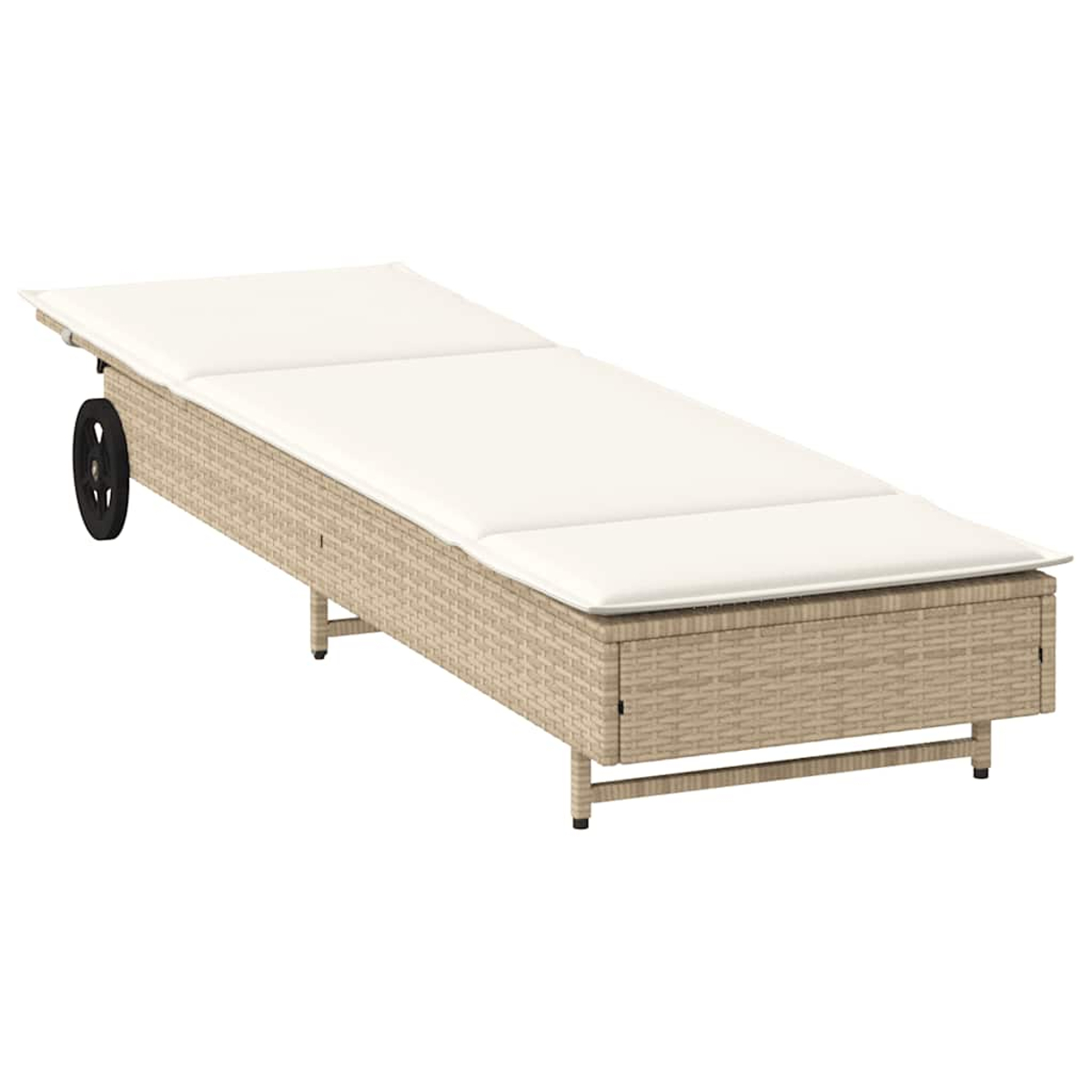 Sdraio in rattan beige con cuscino crema e ruota nera.