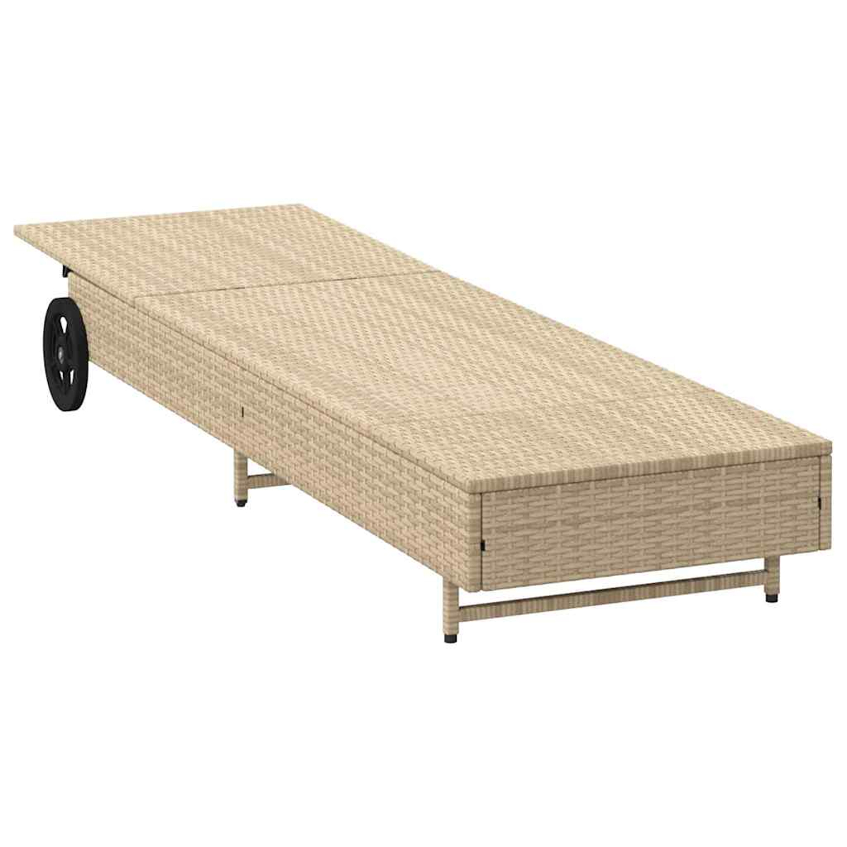 Lettino prendisole in rattan beige con ruota nera e gambe in metallo, sfondo bianco.