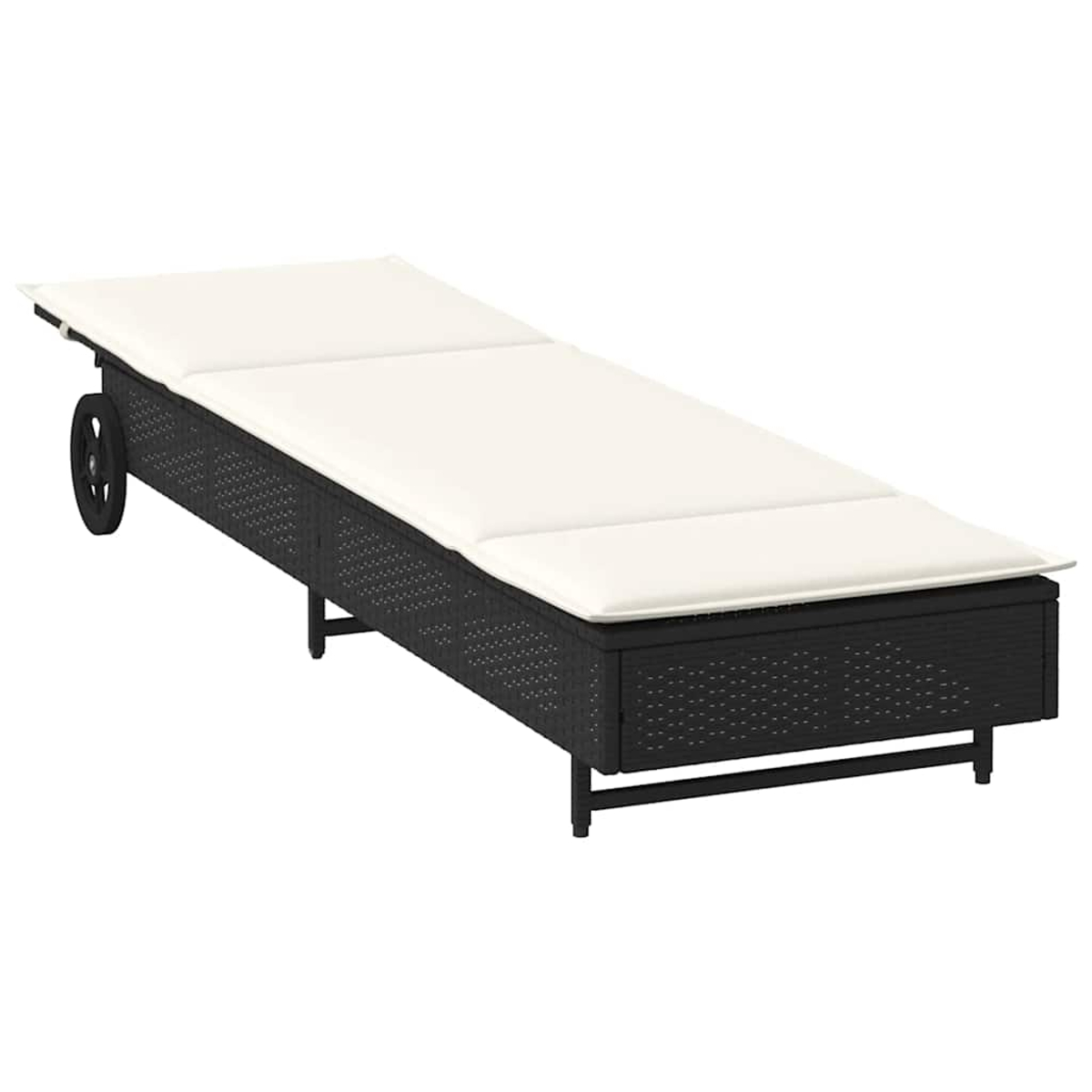 Sdraio nero in rattan con cuscino color crema e ruote.
