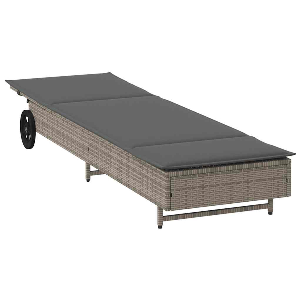 Lettino prendisole in rattan marrone con cuscino grigio e una ruota.
