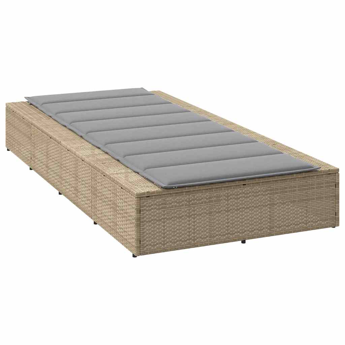 Brauner Rattan-Liegestuhl mit grauer Polsterung, ideal für den Außenbereich.