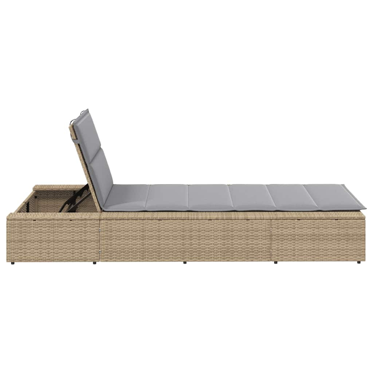 Brauner Rattansofa mit verstellbarem grauen Kissen und Stauraum.