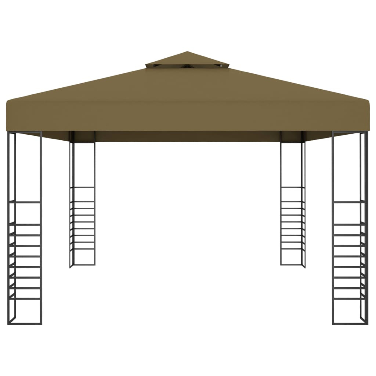 Tenda da gazebo marrone con telaio in metallo nero e gambe decorative a traliccio.