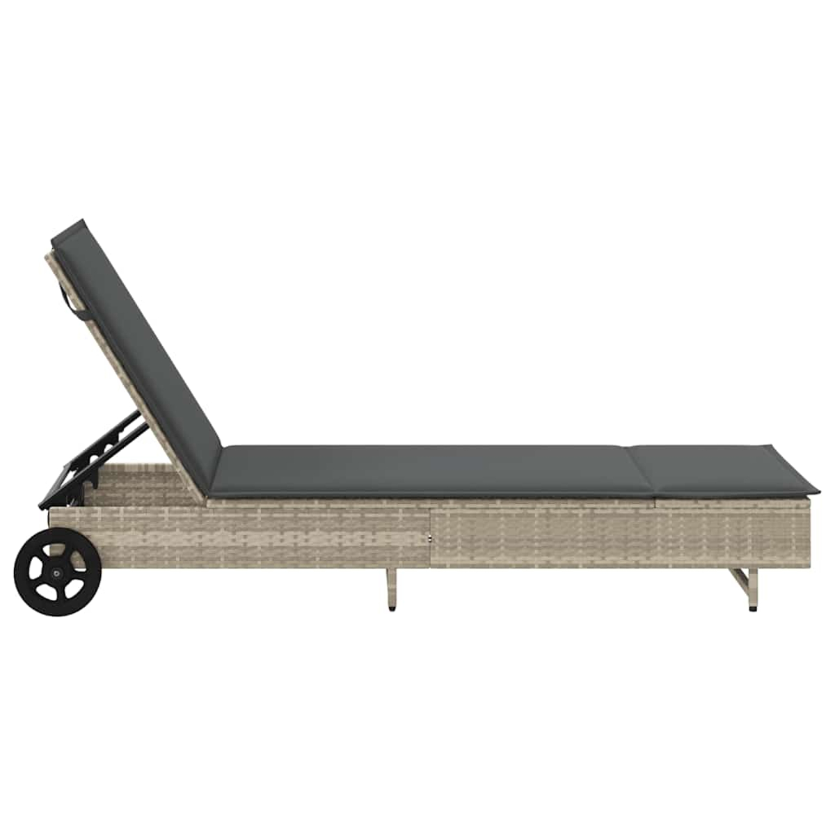 Chaise longue grigia con schienale regolabile e ruote su sfondo bianco.