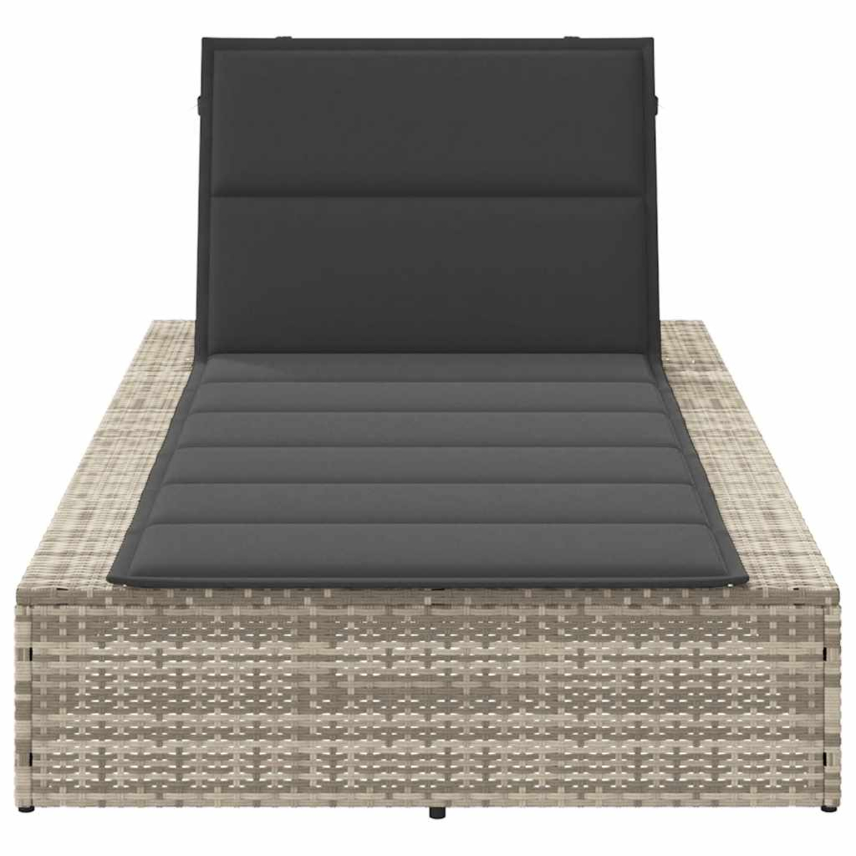 Lettino da giardino grigio con schienale regolabile e base in rattan.