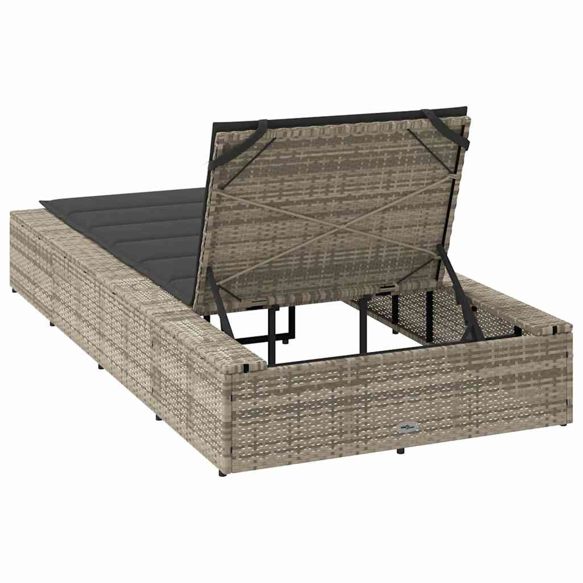 Divano in rattan marrone con coperchio aperto e cuscino scuro.