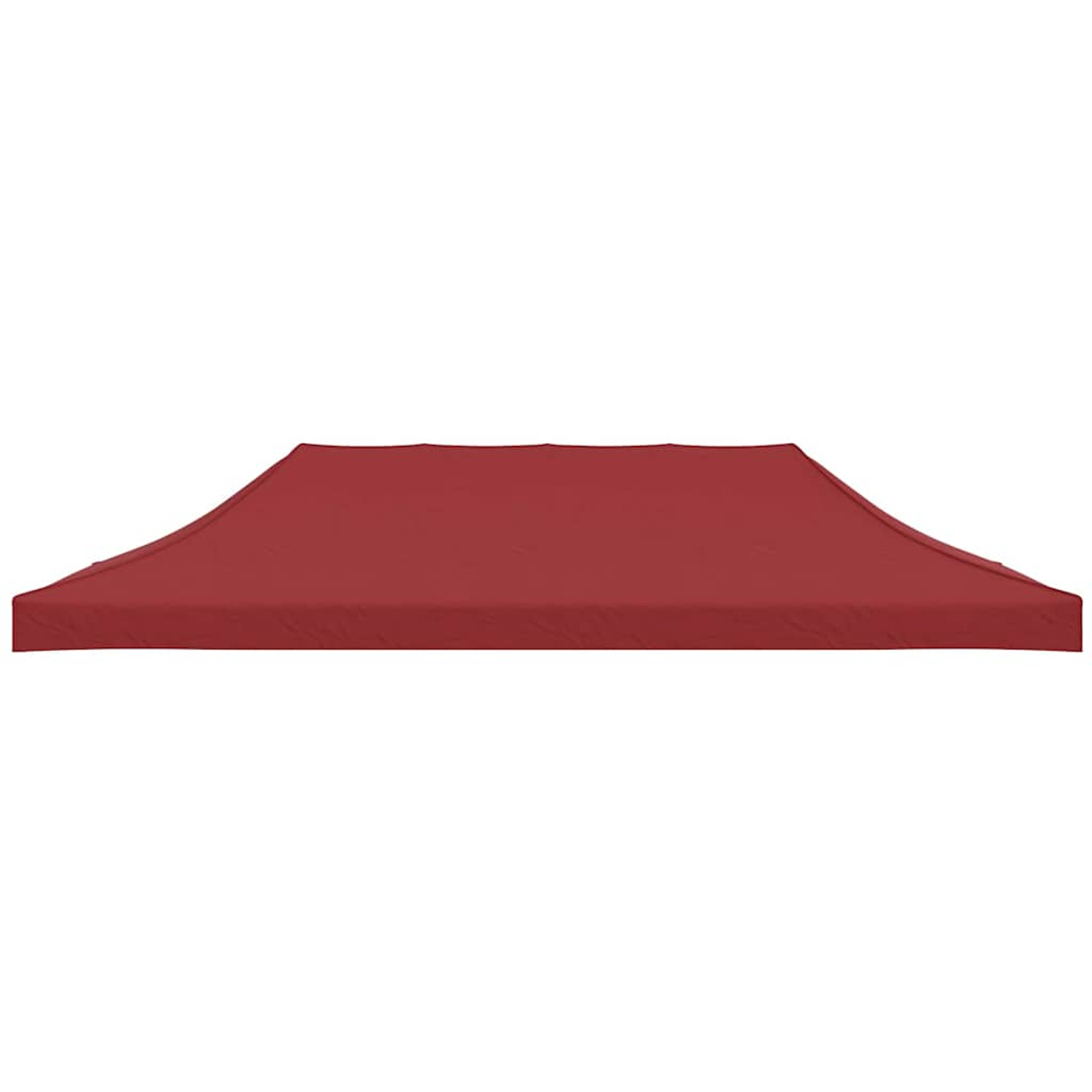 Un tetto di tenda color rosso scuro appoggiato su una superficie bianca.