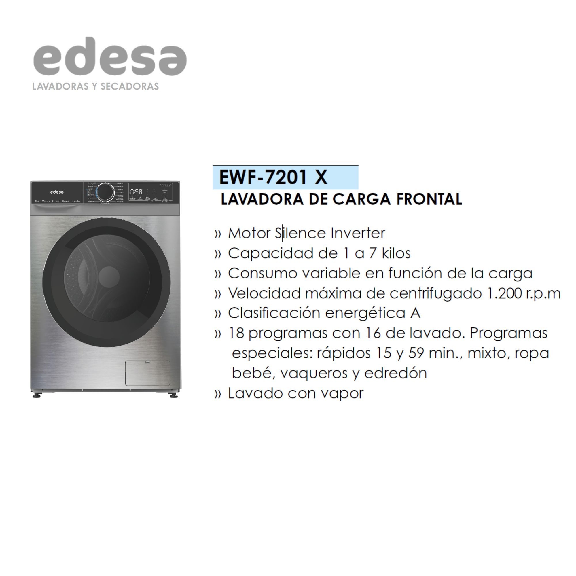 Lavadora plateada con puerta negra, pantalla y panel de control arriba.