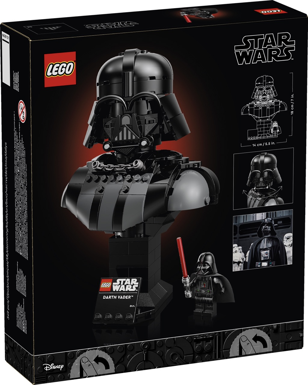 Busto LEGO di Darth Vader con spada laser rossa e minifigure su scatola nera.