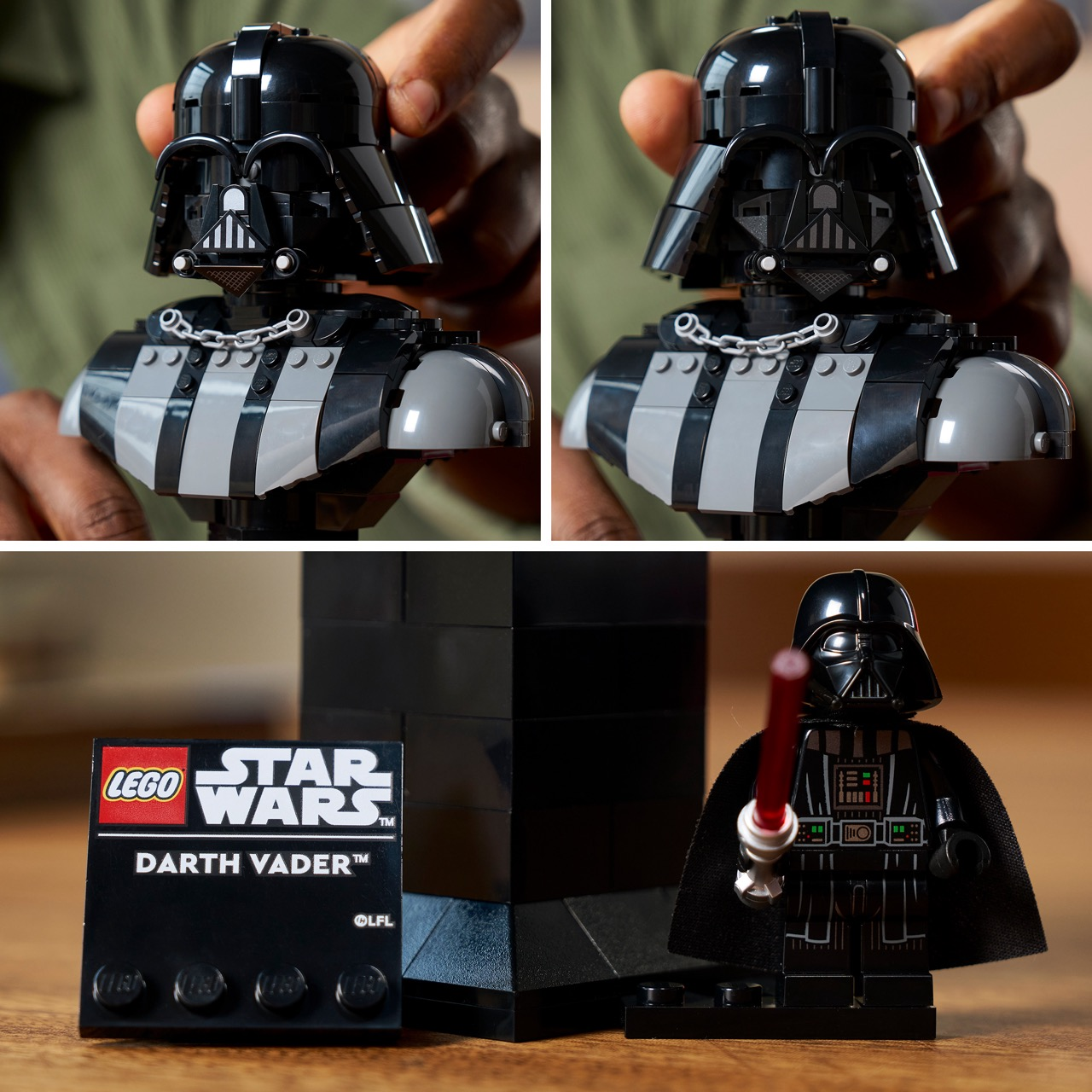 Busto e minifigure LEGO Star Wars Darth Vader con spada laser.