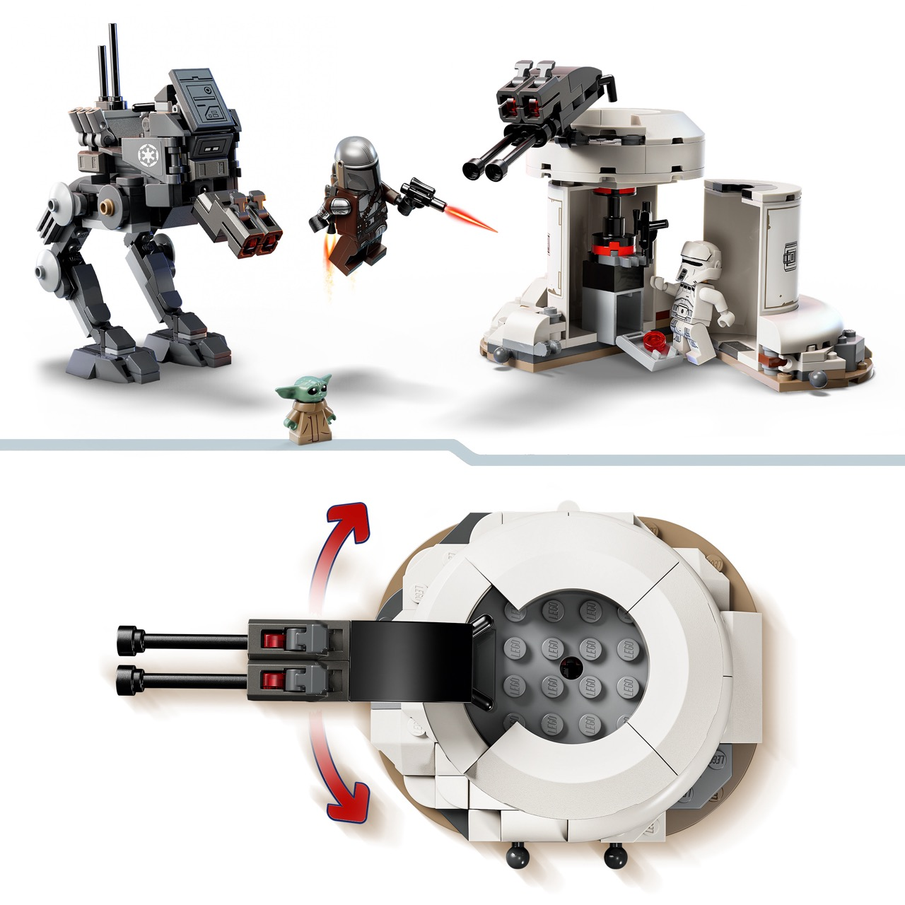 Escena de LEGO Star Wars: Caminante AT-ST, Mandaloriano, Grogu y una torre con un Stormtrooper.