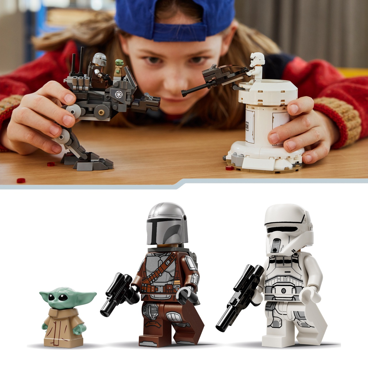 Niño juega con figuras de Lego: El Mandaloriano, Grogu y un Soldado de Asalto.