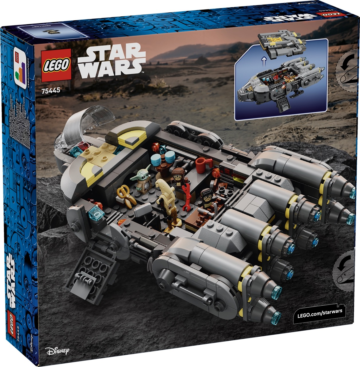 Kayaçlı arazide LEGO Star Wars uzay gemisi, figürler ve Baby Yoda.