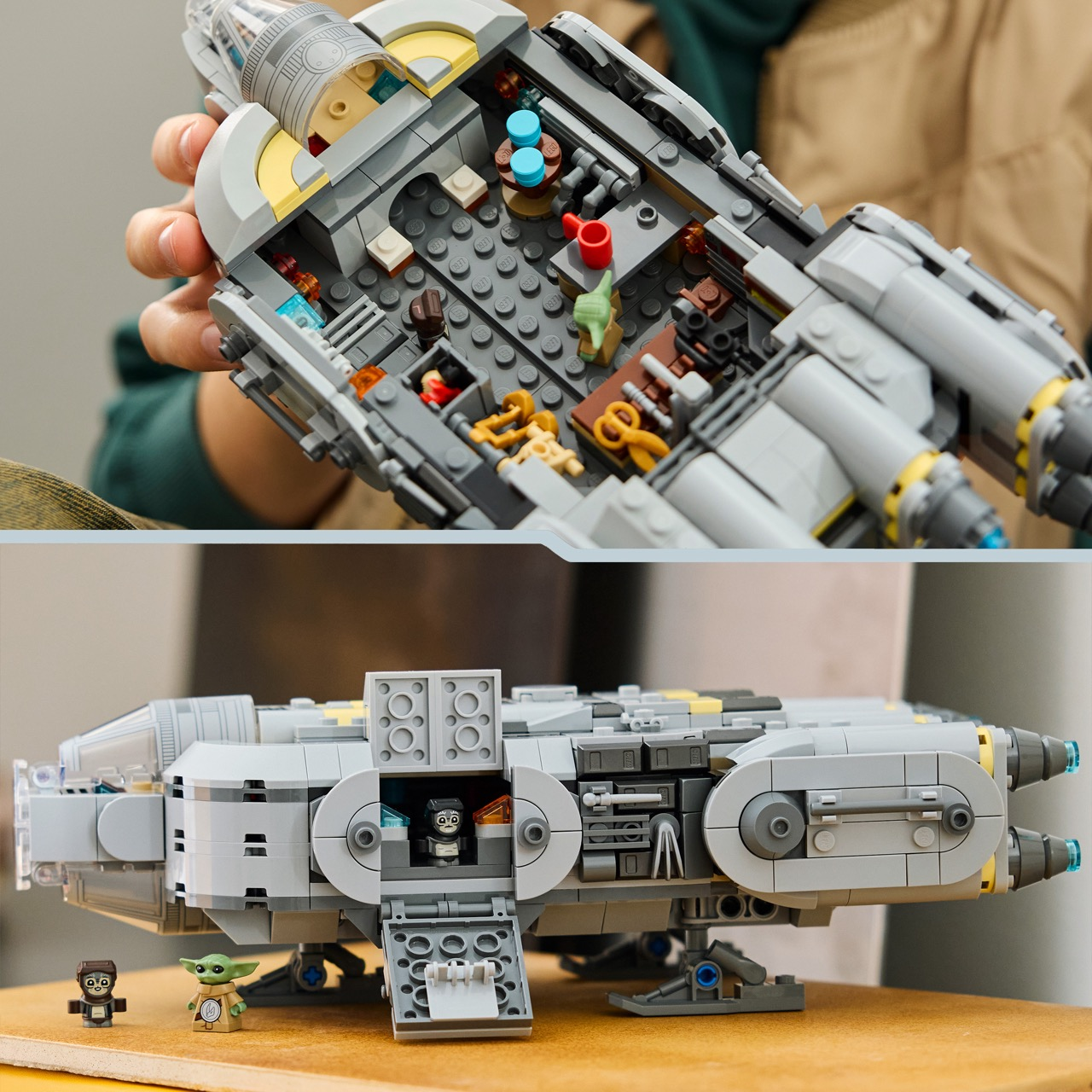 Açık iç kısım ve figürlü gri Lego uzay gemisi. İki görünüm gösteriliyor.