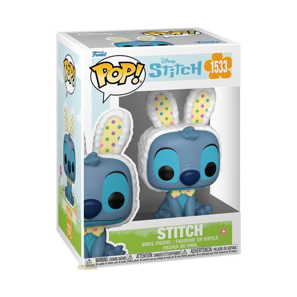 Una figura de vinilo Funko Pop! de Stitch con orejas de conejo en su empaque.