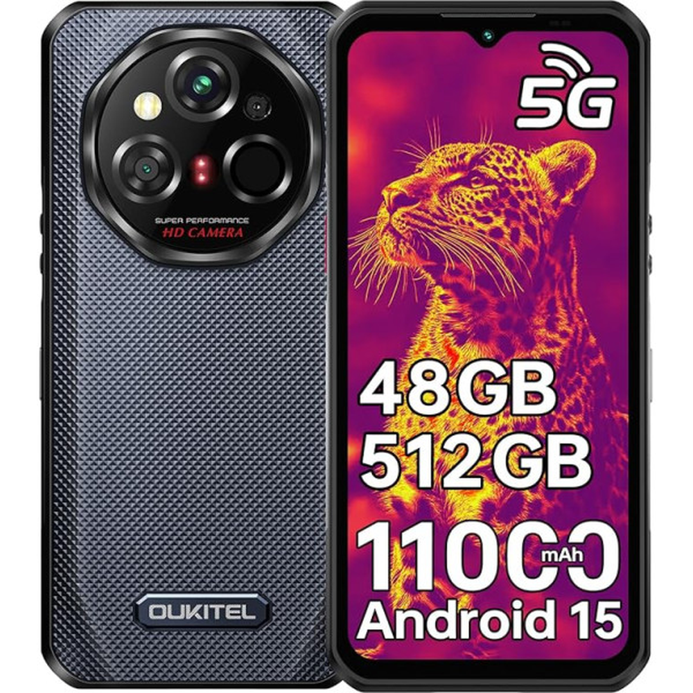 Smartphone con display da leopardo, simbolo 5G. Modulo fotocamera posteriore visibile.