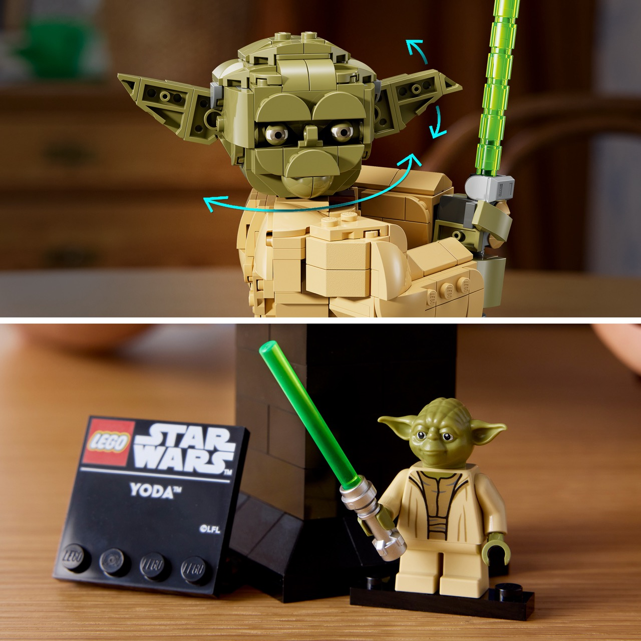 Figure Lego di Yoda: una costruibile, una minifigure con spada laser.