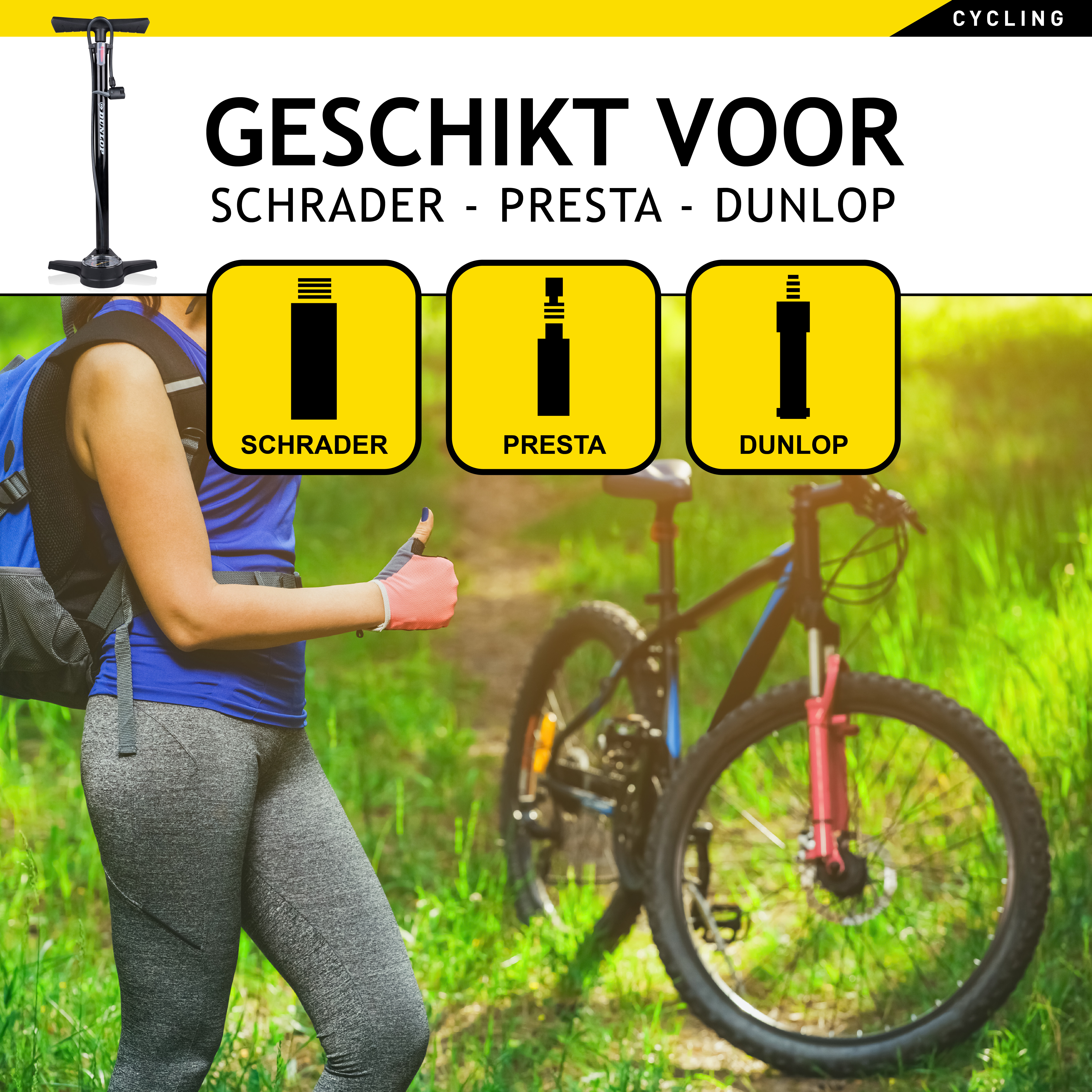 Bike pump with Schrader, Presta, Dunlop valve symbols, cyclist.