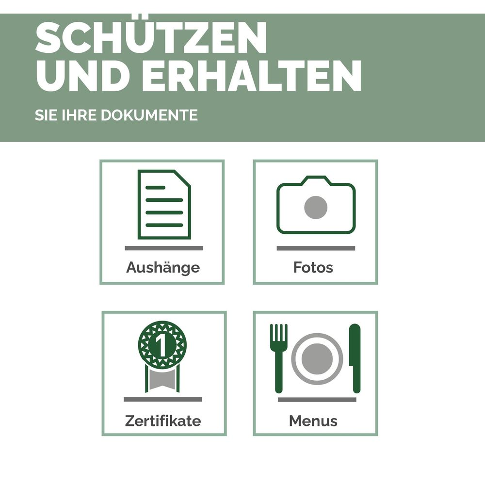 Symbole für Aushänge, Fotos, Zertifikate und Menüs unter dem Titel 'Schützen und Erhalten'.