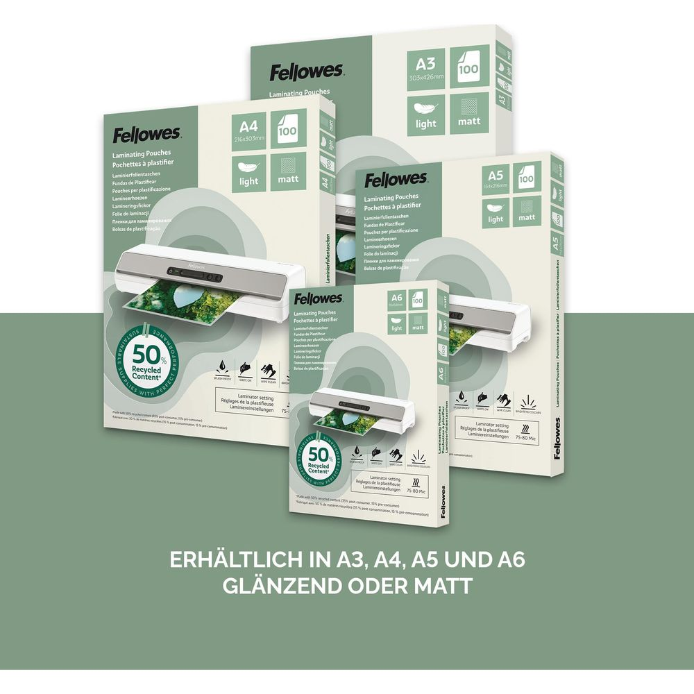 Fellowes Laminierfolien in A3, A4, A5, A6, glänzend und matt.