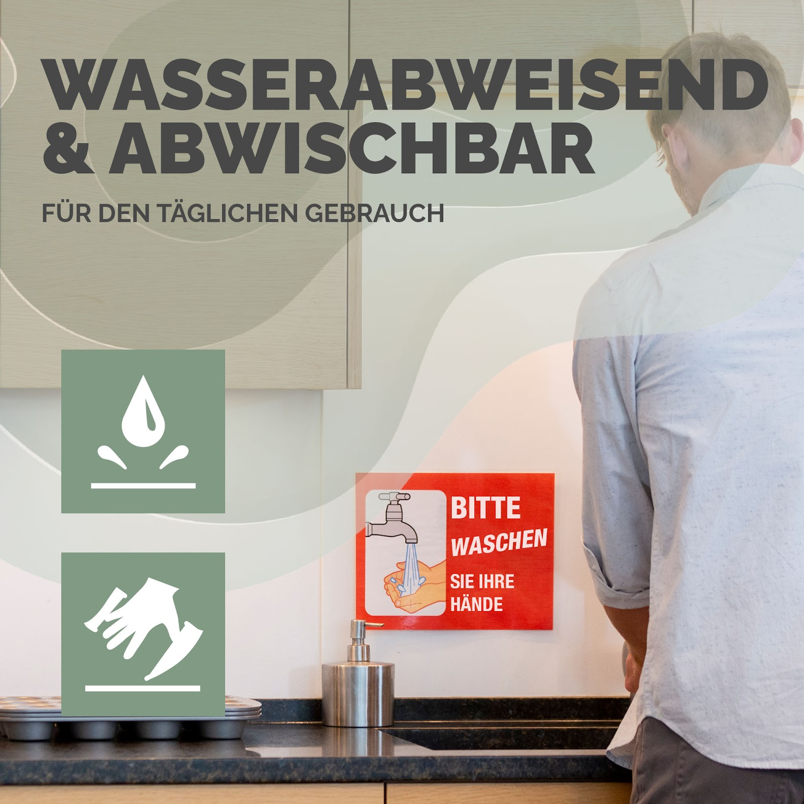 Ein Mann steht vor einem Schild, das zum Händewaschen auffordert.