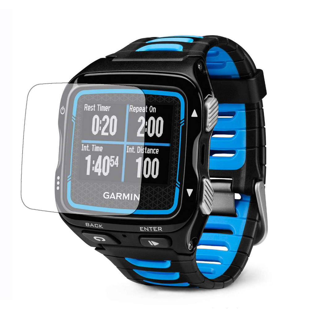 Ekran koruyuculu siyah ve mavi Garmin spor saat. Zamanlayıcı ve mesafeyi gösterir.