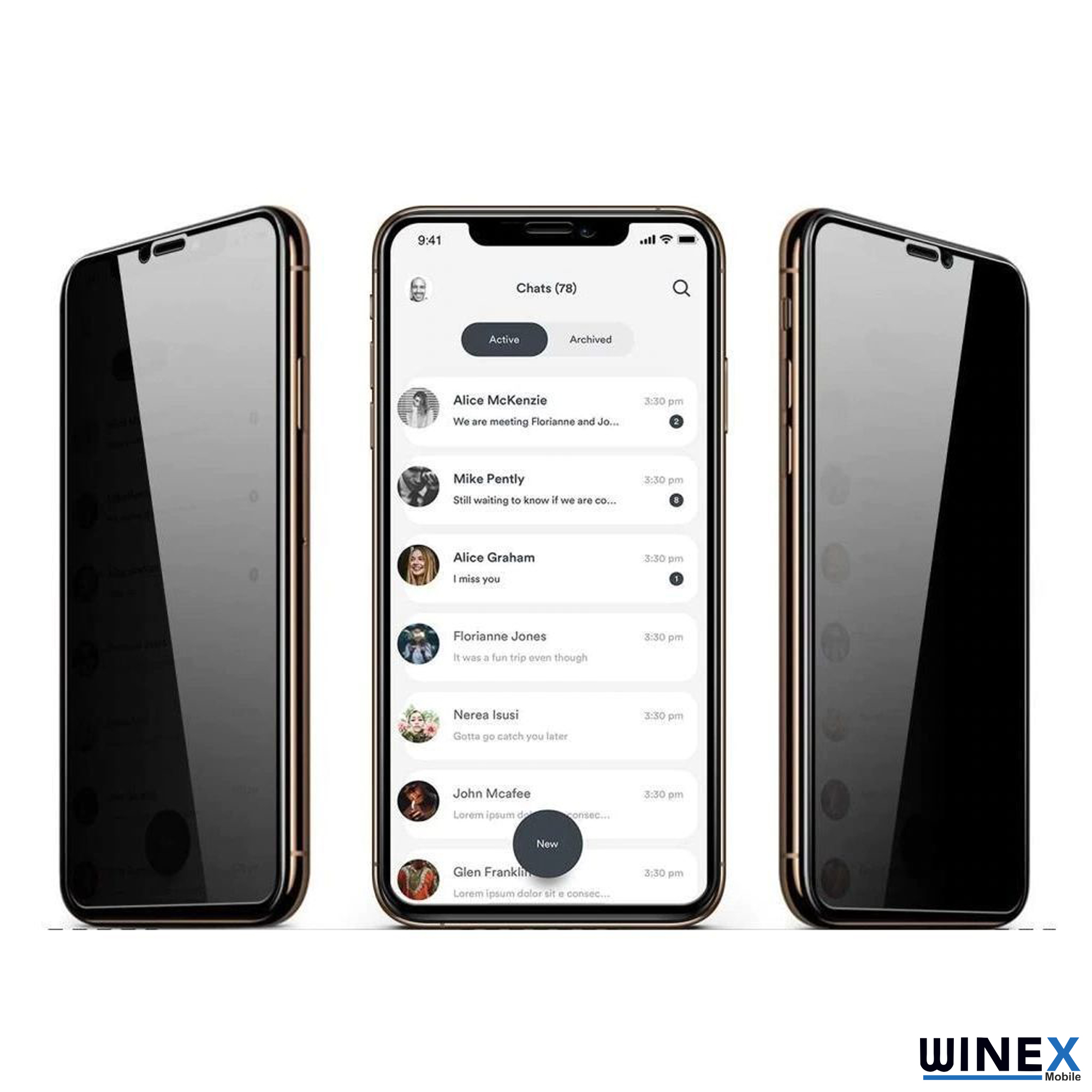 Üç akıllı telefon, biri isimler ve saatler içeren bir sohbet listesi gösteriyor.