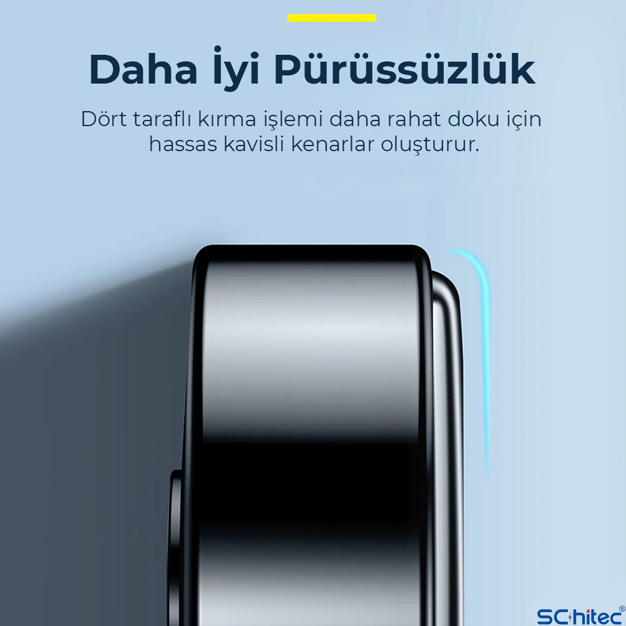 Mavi vurgulu, turkuaz çizgili parlak siyah nesne.