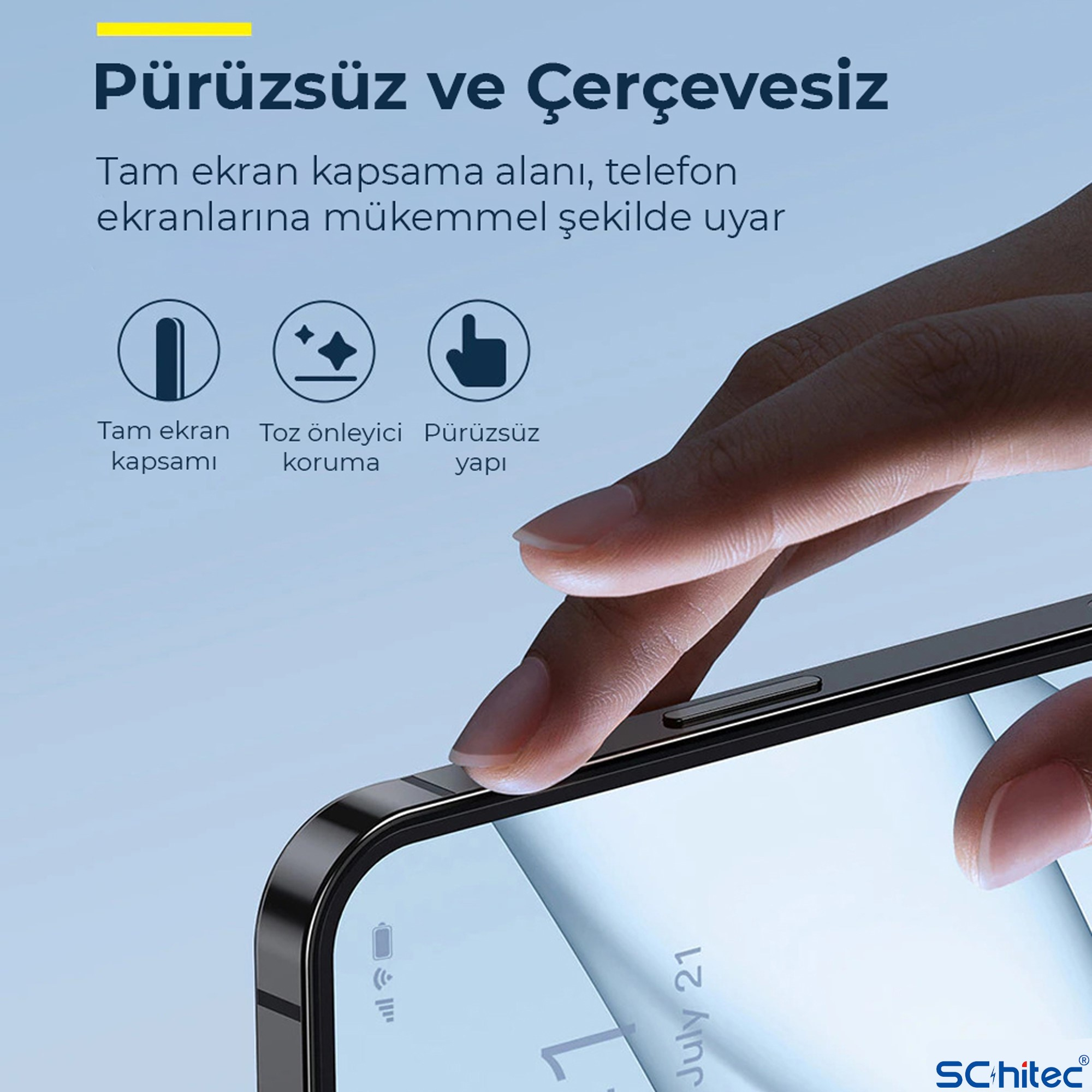 Parmak, tam ekran ve toz korumalı akıllı telefon ekranına dokunuyor.