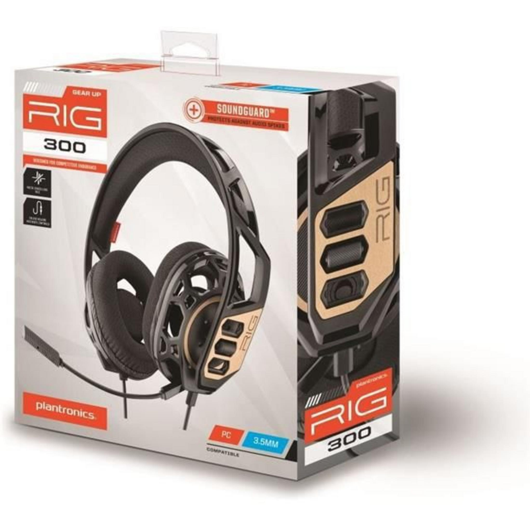 Caja de auriculares RIG 300 en negro y dorado, con auriculares visibles.