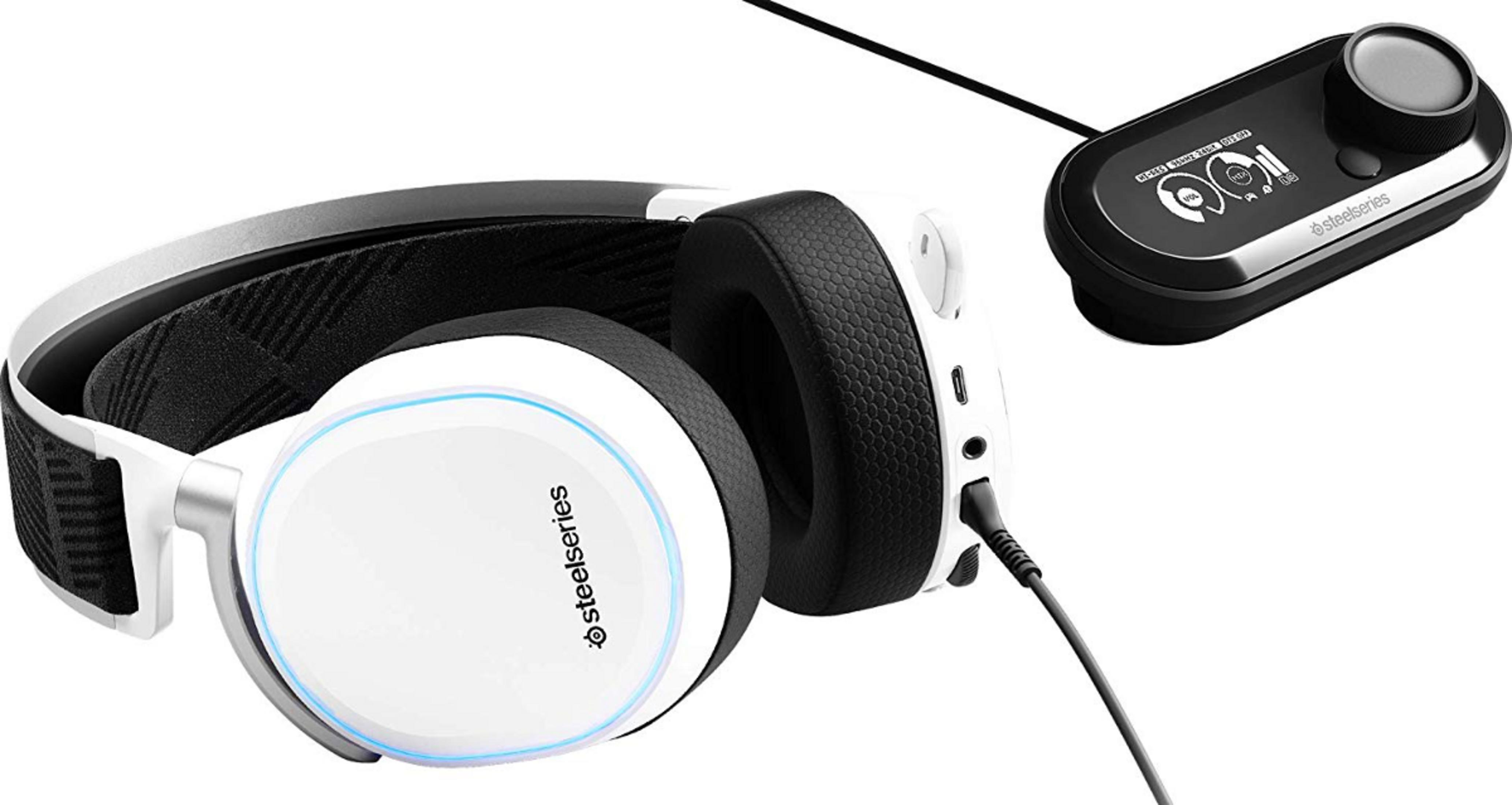 Auriculares blancos con diadema negra y una unidad de control negra con dial.