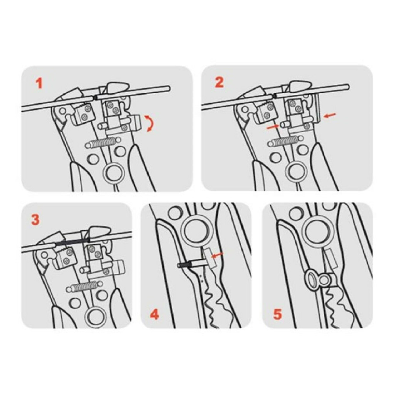 Diagramm, das 5 Schritte zur Verwendung eines Drahtabisolierwerkzeugs zeigt.