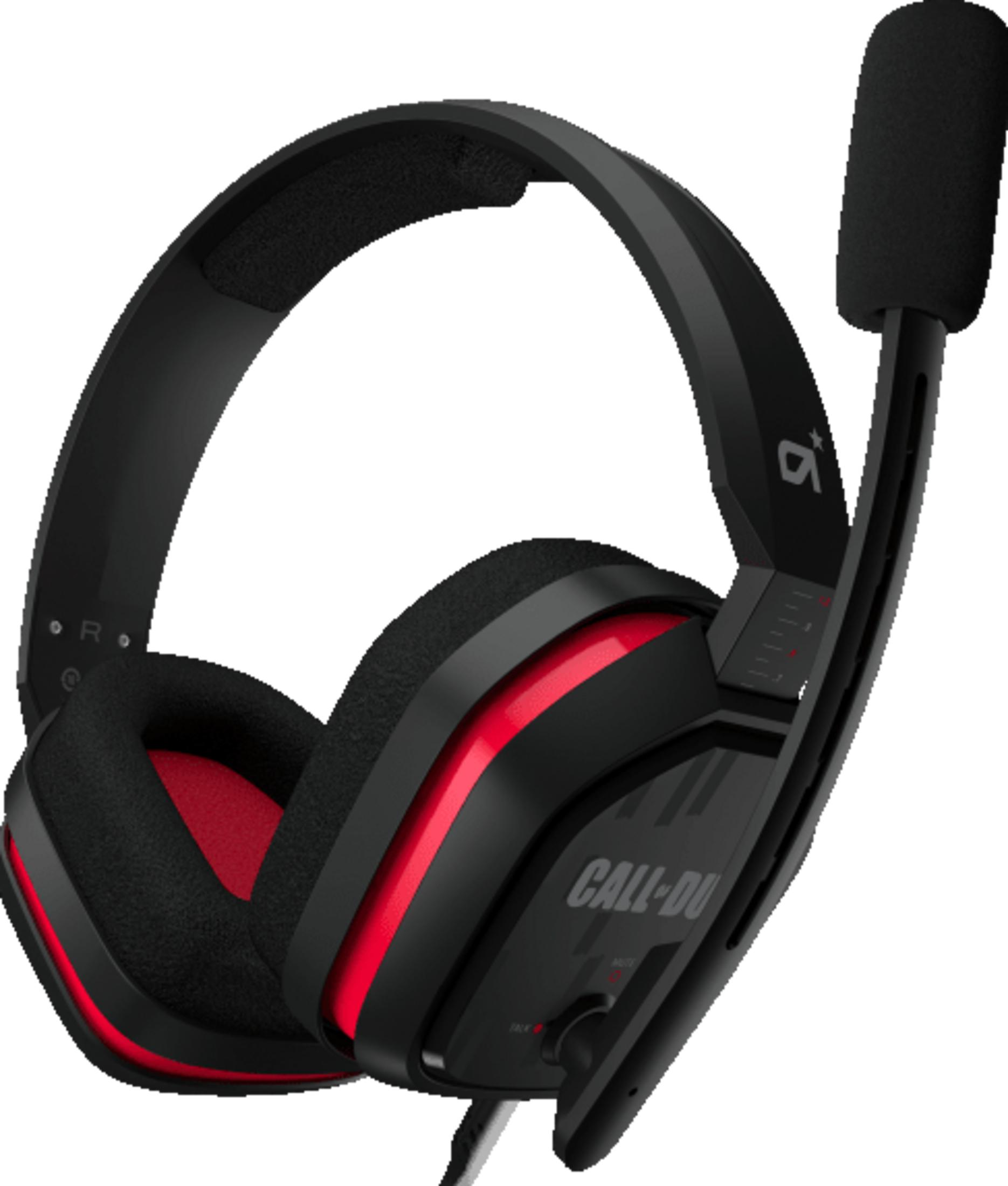 Czarny headset gamingowy z mikrofonem, czerwonymi akcentami i logo 'Call of Duty'.