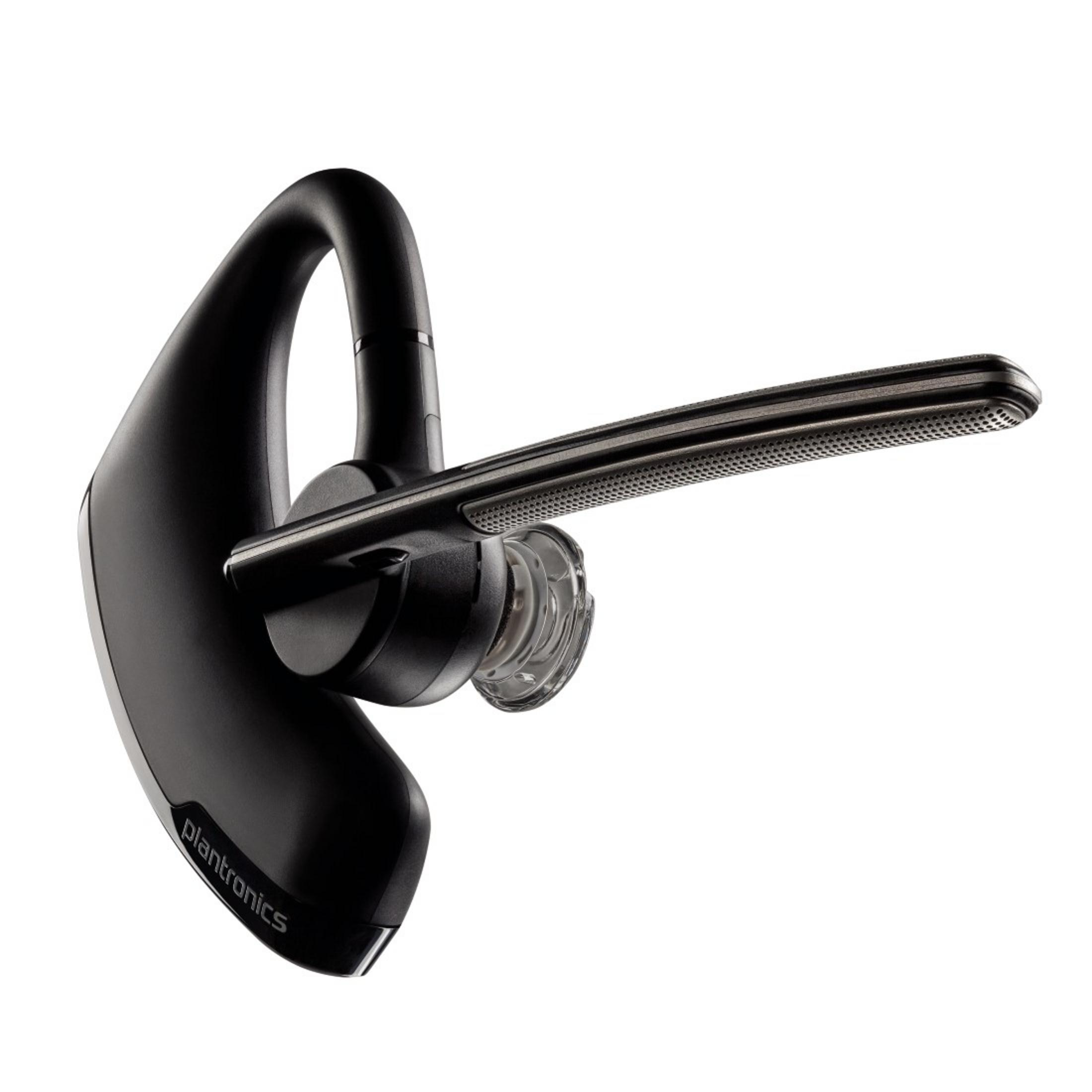 Auricolare Bluetooth Plantronics nero con gancio e microfono.