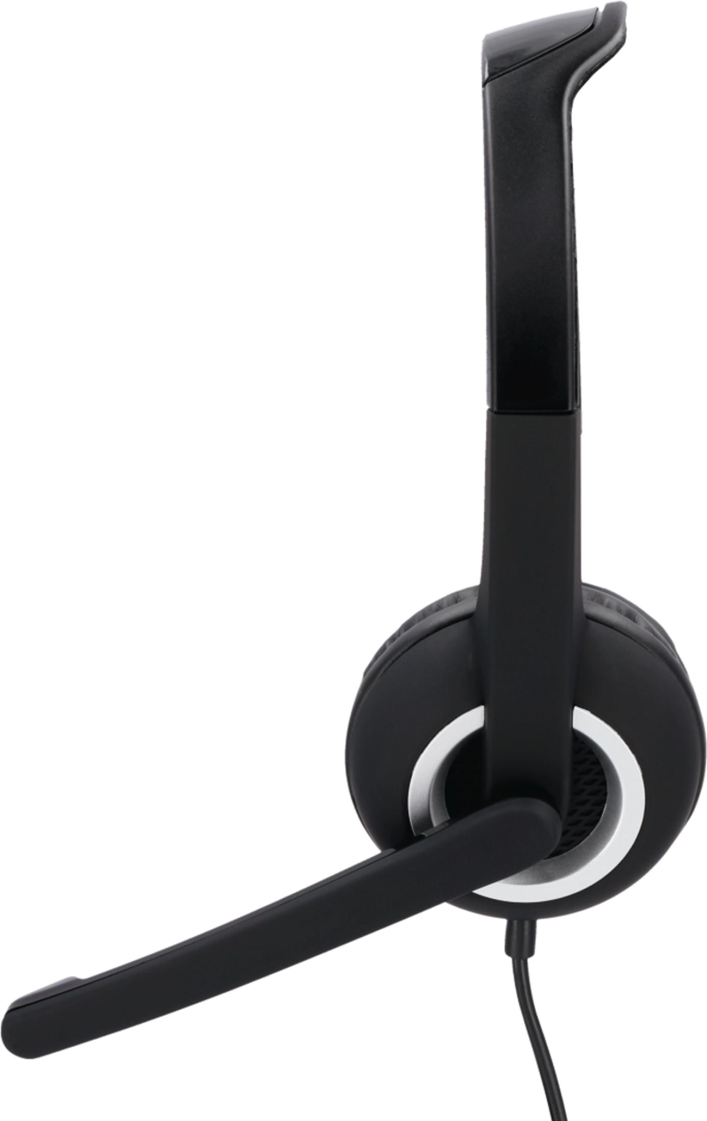 Ein schwarzes Headset mit Mikrofonarm ist vor einem weißen Hintergrund abgebildet.