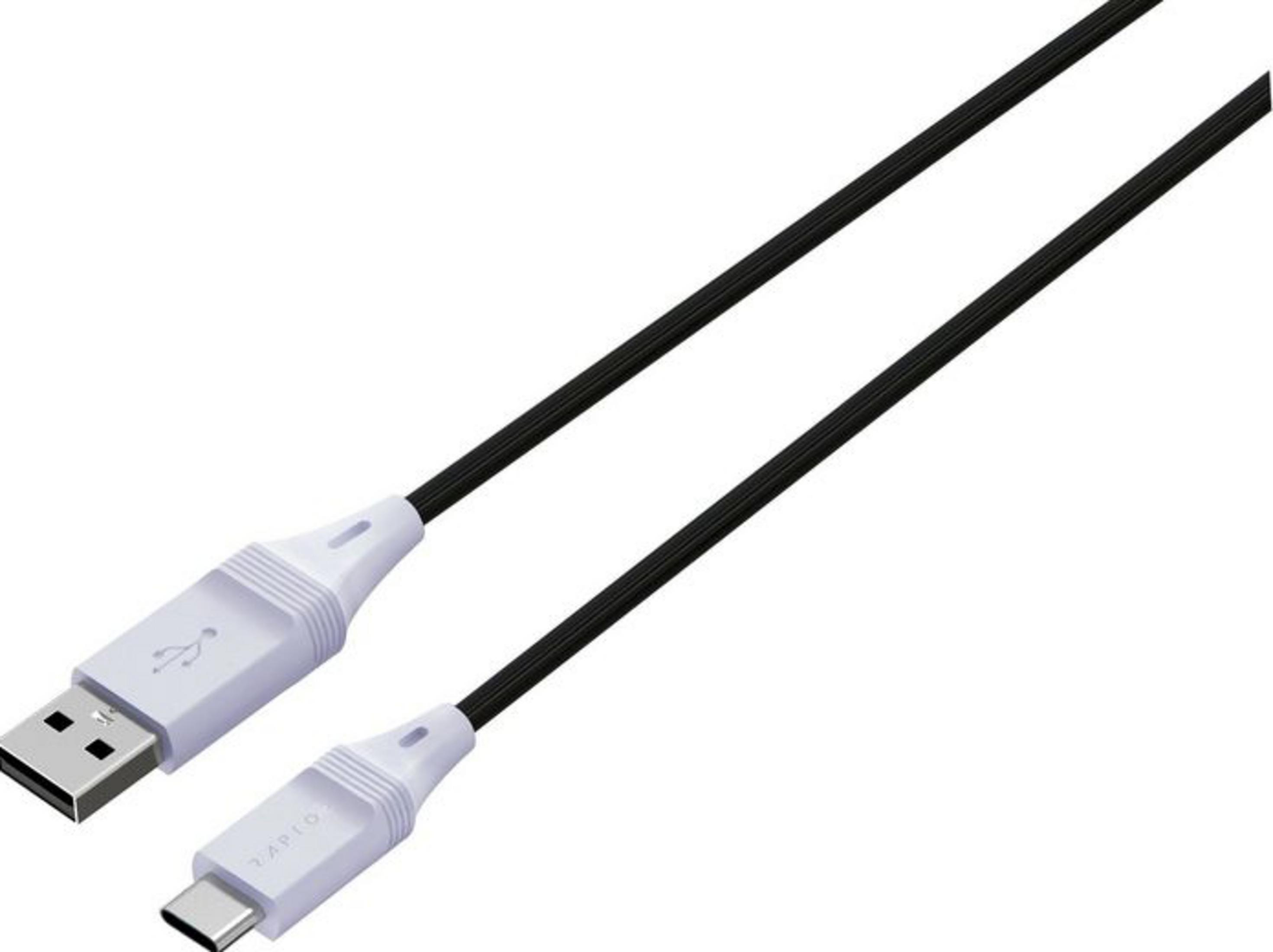 Un cable USB-C negro con un conector USB-A blanco y uno USB-C blanco.