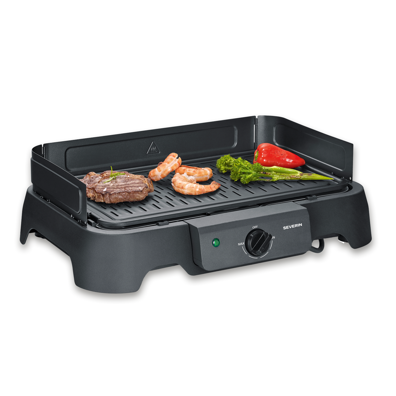 Una parrilla eléctrica con bistec, camarones, brócoli y pimiento.