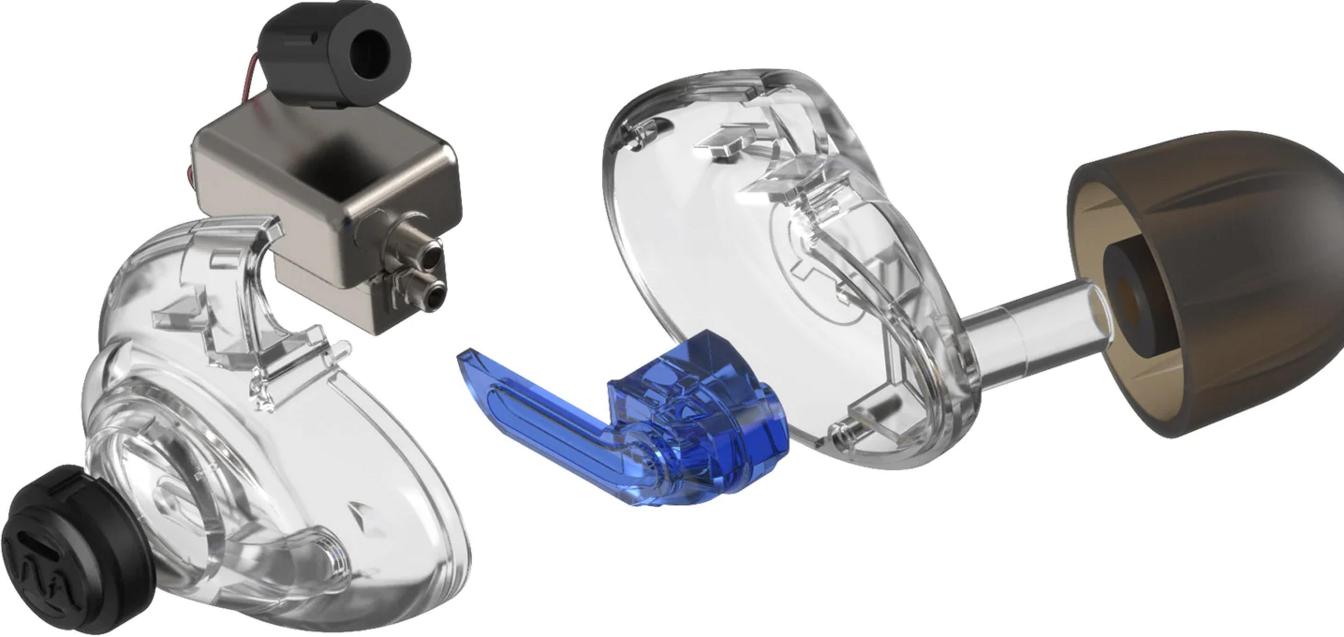 Explodierte Ansicht von transparenten Ohrhörern mit silbernem Modul und schwarzem Stecker.