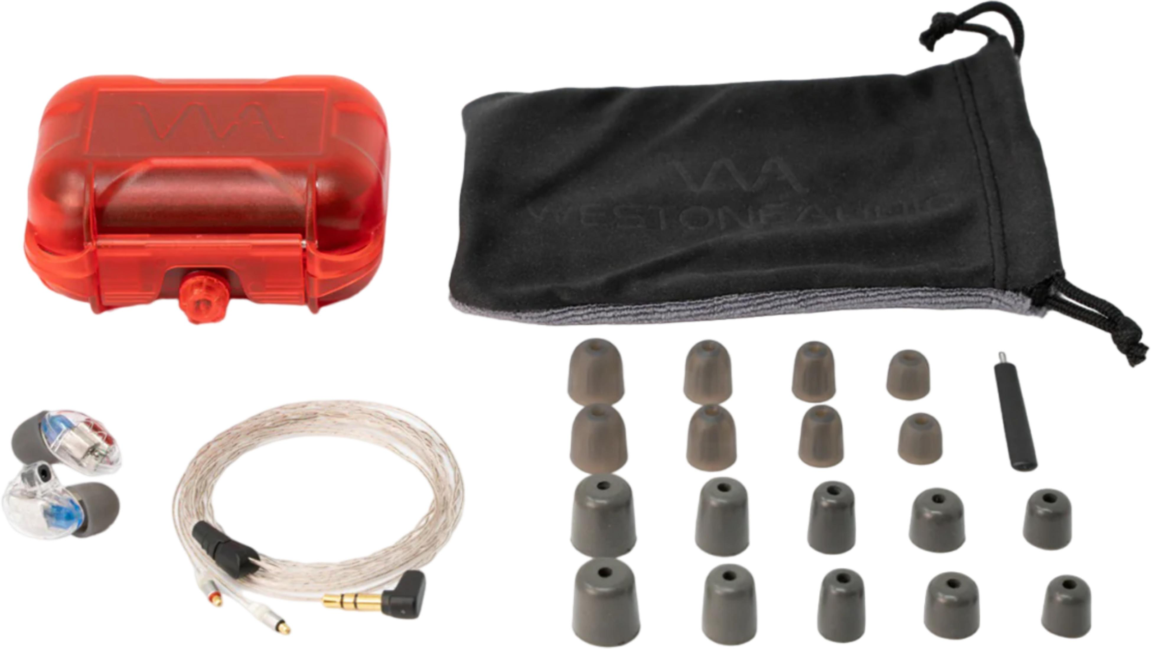 Transparante oordopjes met kabel, rode hardcase, zwarte tas en oordopjes.
