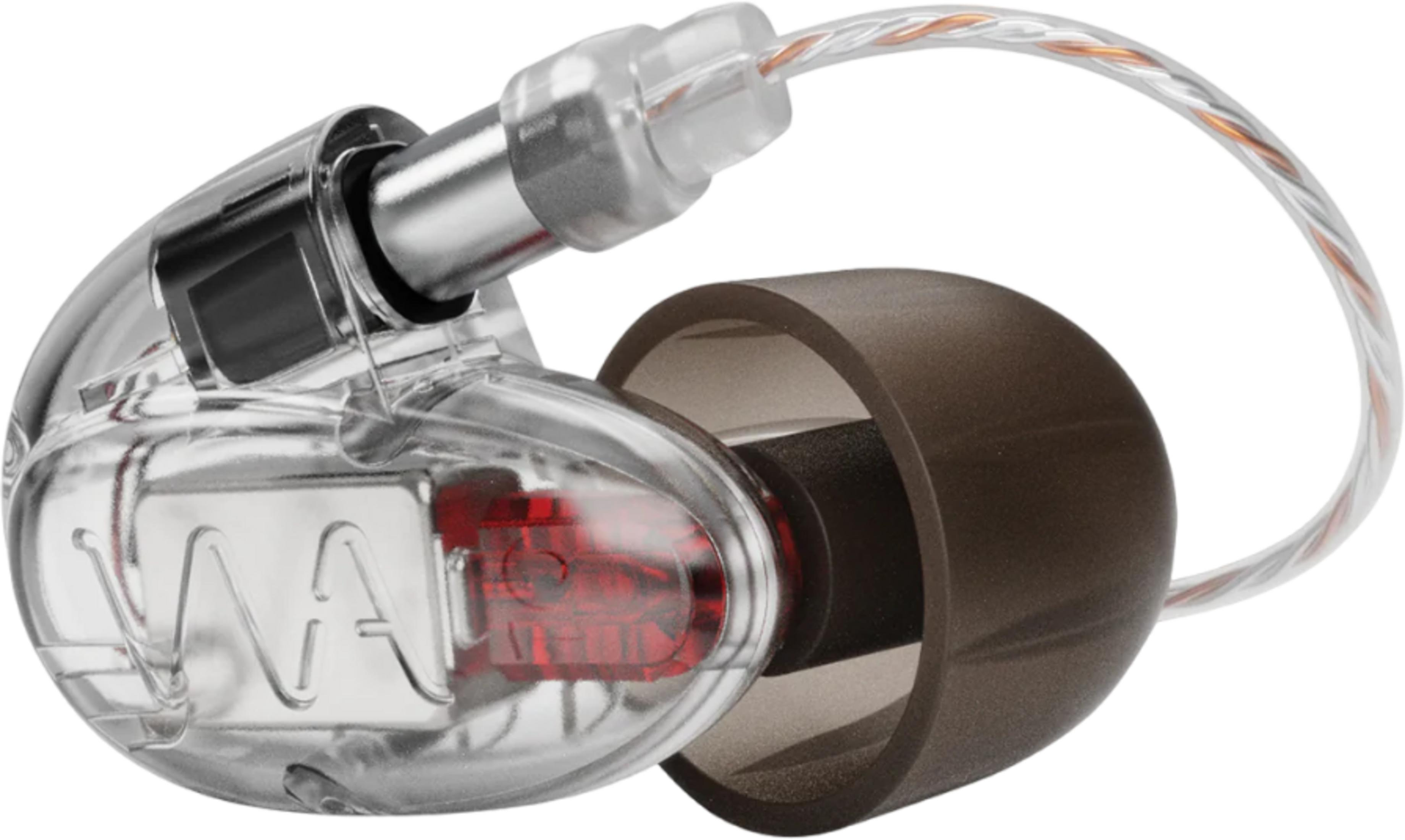 Transparenter In-Ear-Kopfhörer mit braunem Ohrstöpsel und kupferfarbenem Kabel.