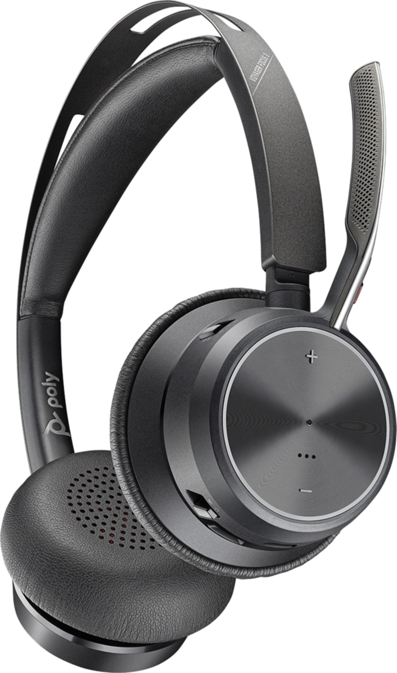 Schwarzes Poly Voyager Focus 2 Headset mit gepolsterten Ohrmuscheln und verstellbarem Kopfbügel.