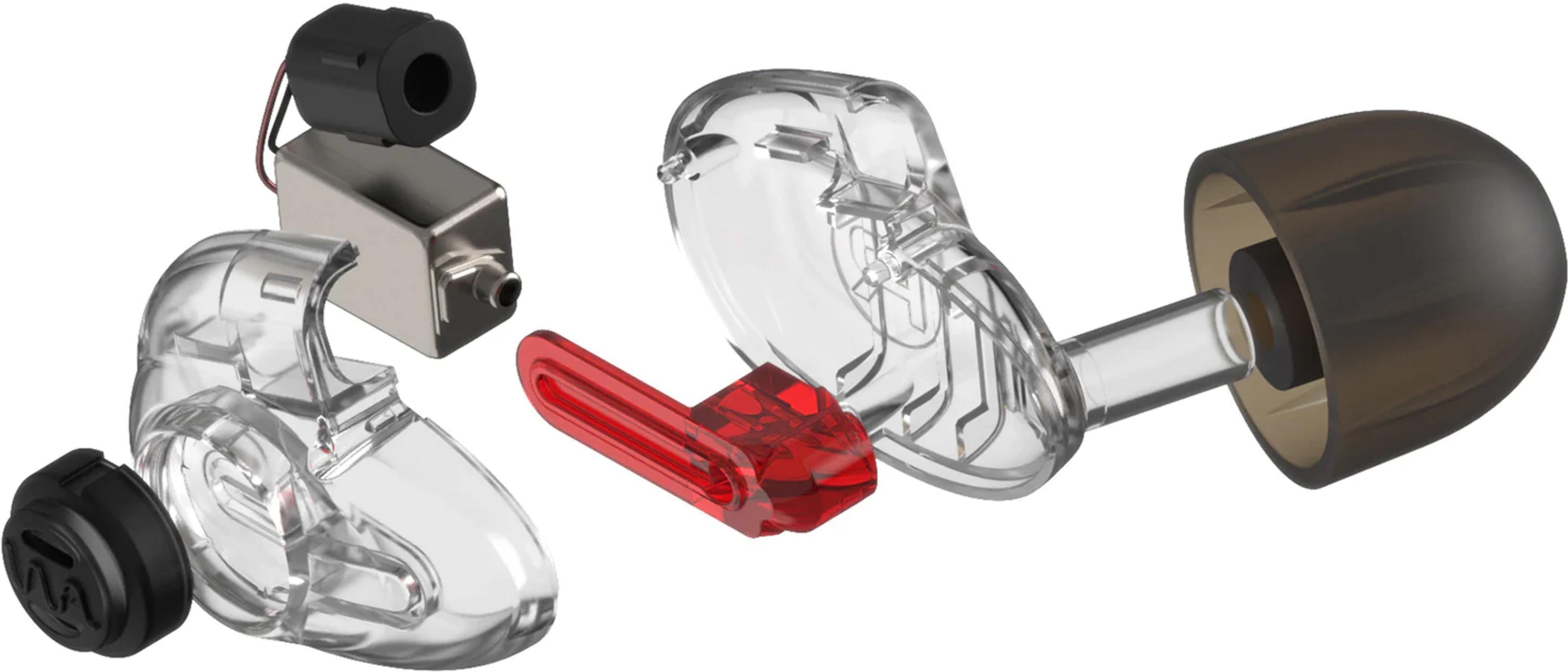Zerlegte Ohrhörerkomponenten: transparentes Gehäuse, roter Einsatz, Metallmodul, schwarze Kappe.
