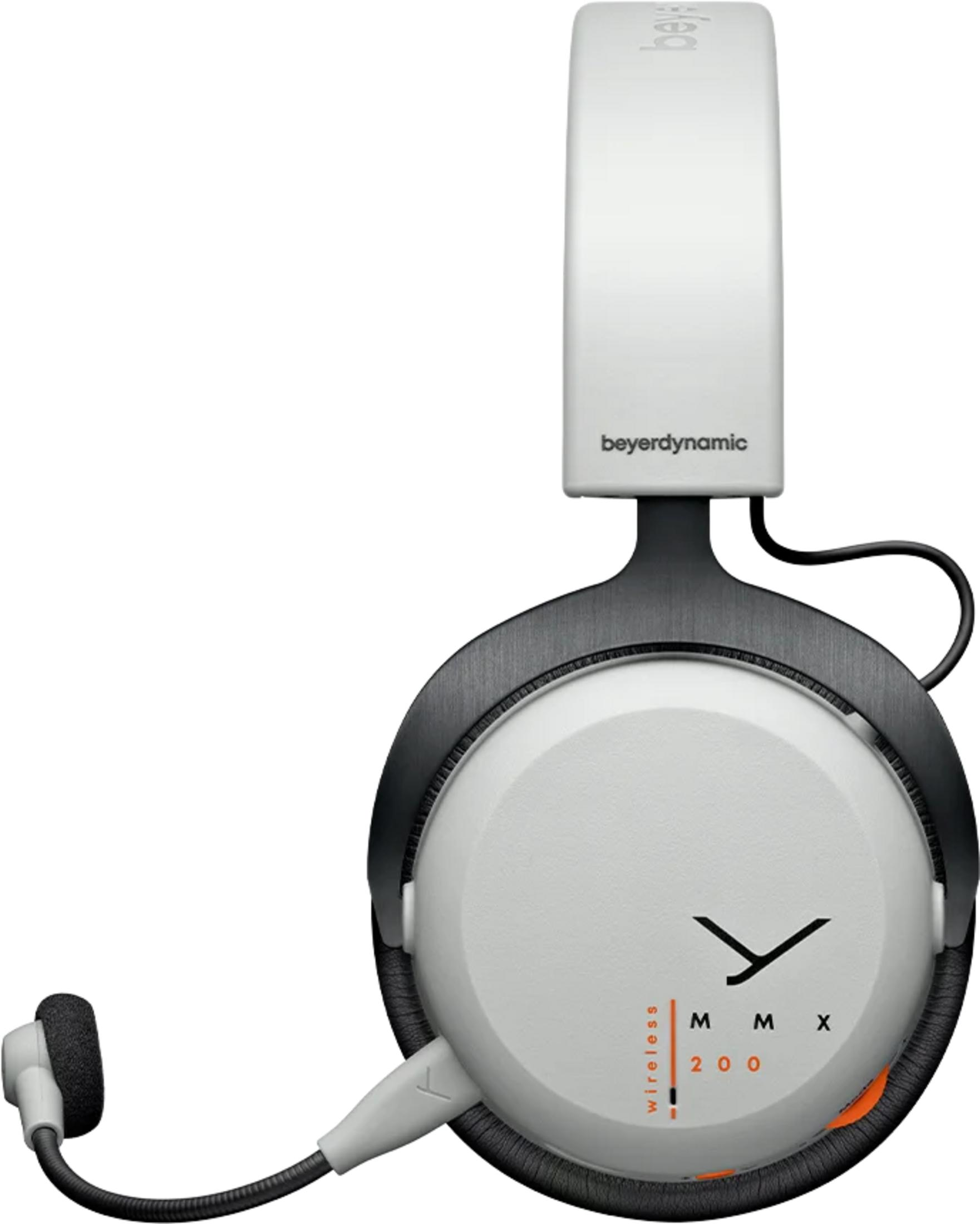 Weißer Beyerdynamic MMX 200 Kopfhörer mit Mikrofon und orangefarbenen Akzenten.