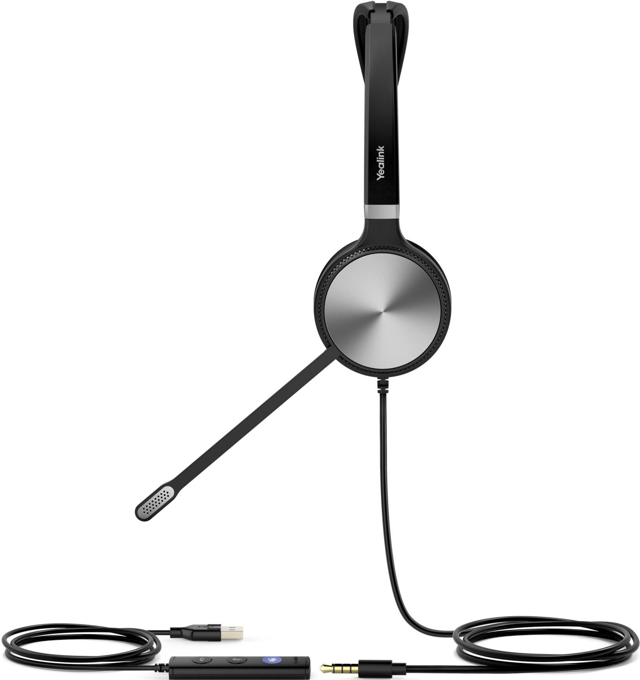 Un auricolare Yealink nero con microfono e cavi.