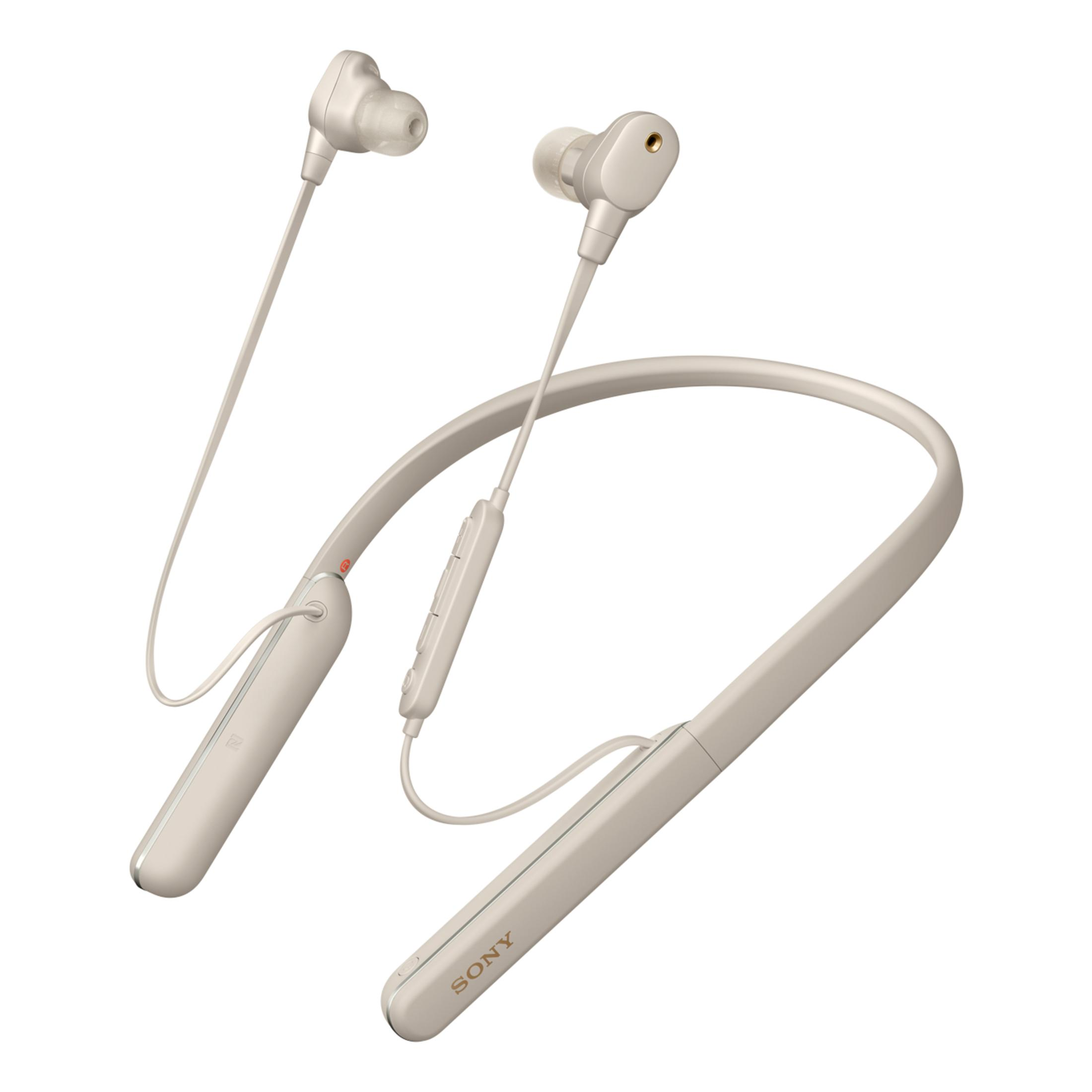 Beige Sony neckband headphones with earbuds and charging port.