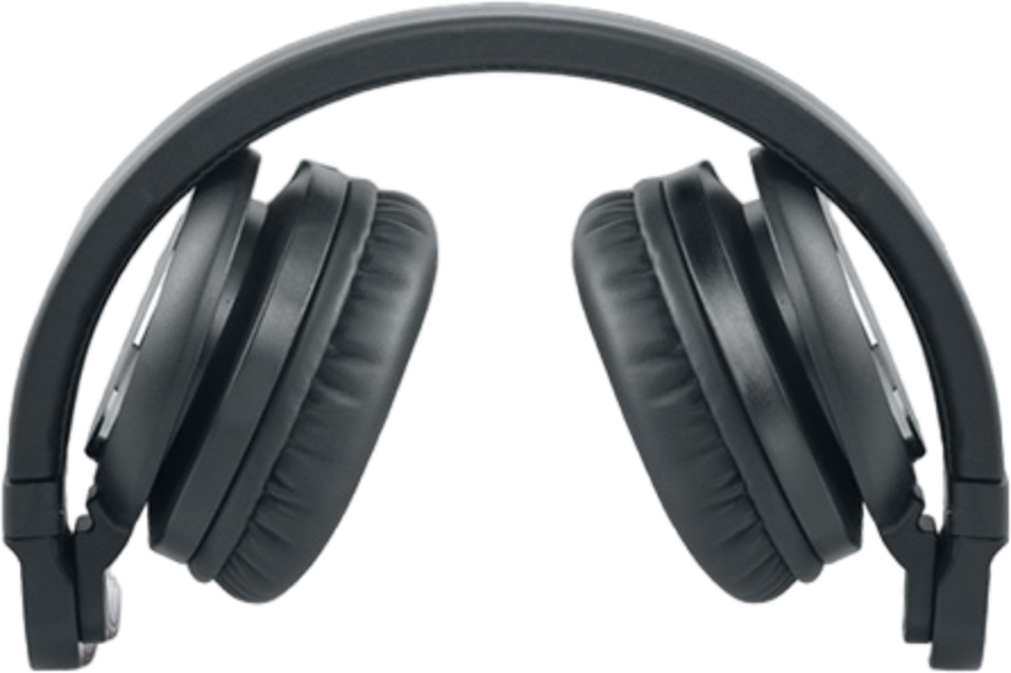 Auriculares negros con almohadillas, plegados sobre fondo blanco.